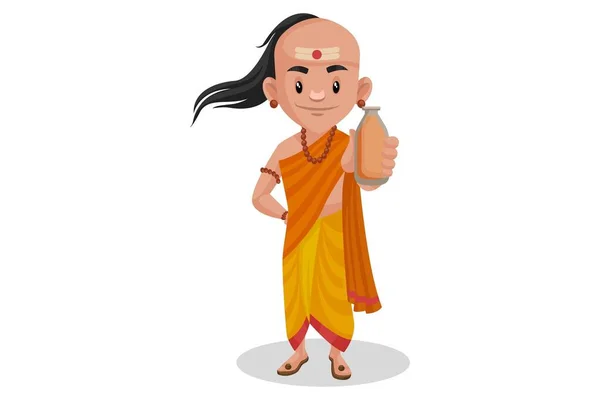 Vector Graphic Illustration Chanakya Holding Bottle Hand Individually White Background — Stock Vector