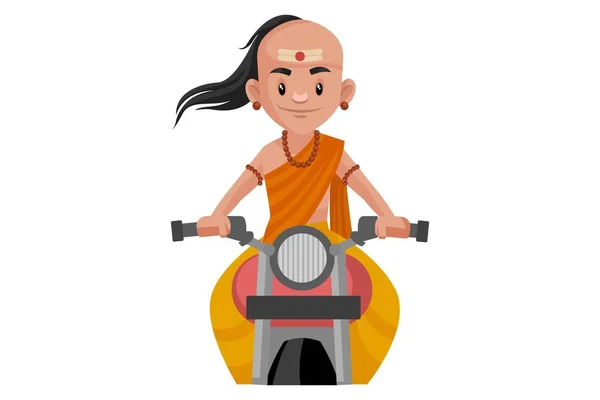 Vector Graphic Illustration Chanakya Riding Motorcycle Individually White Background — Stock Vector