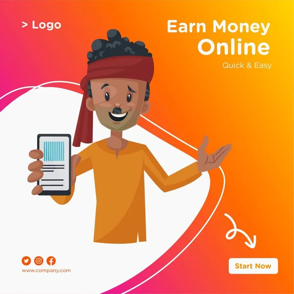 Homem Indiano Mostrar Telemóvel Ganhe Dinheiro Online Banner Design Ilustração —  Vetores de Stock