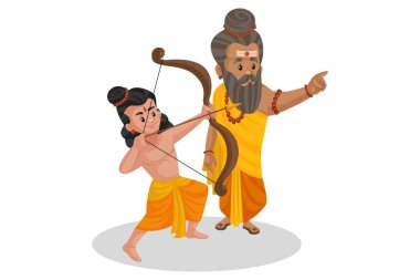 Dronacharya öğrencisine yay ve ok öğretiyor. Vektör grafik çizimi. Beyaz arka planda tek başına.