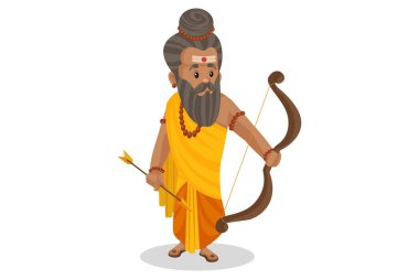 Dronacharya bir ok ve yay tutuyor. Vektör grafik çizimi. Beyaz arka planda tek başına.