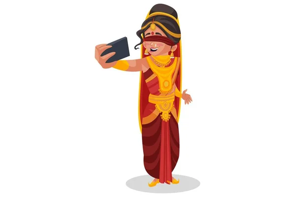 Gandhari Clicking Selfie Mobile Phone Vector Graphic Illustration Individually White — Stock Vector