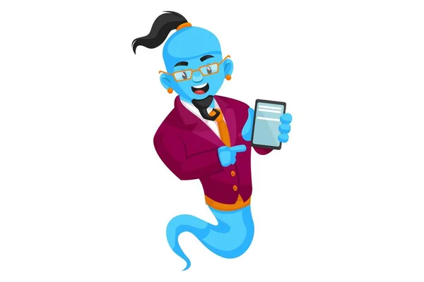 Vektör grafik çizimi. Akıllı cin bir cep telefonu gösteriyor. Beyaz arka planda tek başına.