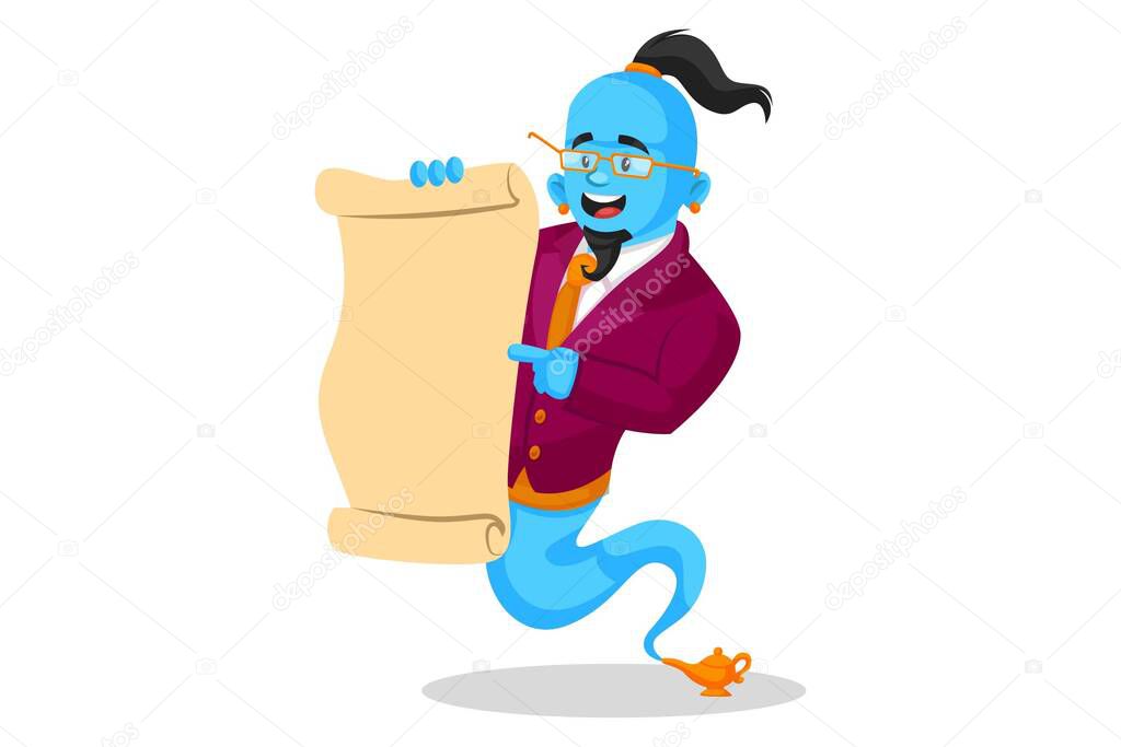 Vector graphic illustration. Smart genie is reading a wish list. Individually on a white background.