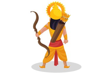 Karna yay ve okla savaş alanında duruyor. Vektör grafik çizimi. Beyaz arka planda tek başına.