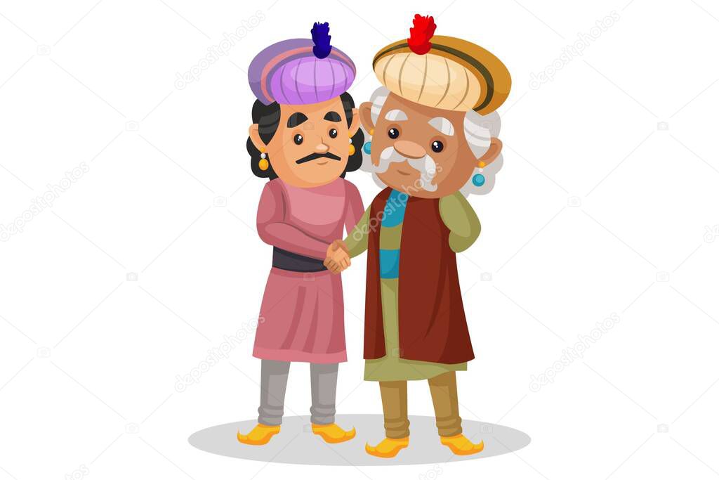 Vector graphic illustration. King Akbar is shaking hand with a man. Individually on a white background.