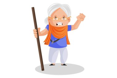 Punjab 'lı kadın kızgın ve elinde bir sopa tutuyor. Vektör grafik çizimi. Beyaz arka planda tek başına.