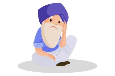 Punjab 'lı yaşlı adam üzgün oturuyor. Vektör grafik çizimi. Beyaz arka planda tek başına.