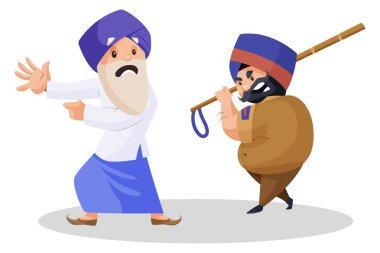 Polis Punjab 'lı ihtiyara sopayla saldırıyor. Vektör grafik çizimi. Beyaz arka planda tek başına.