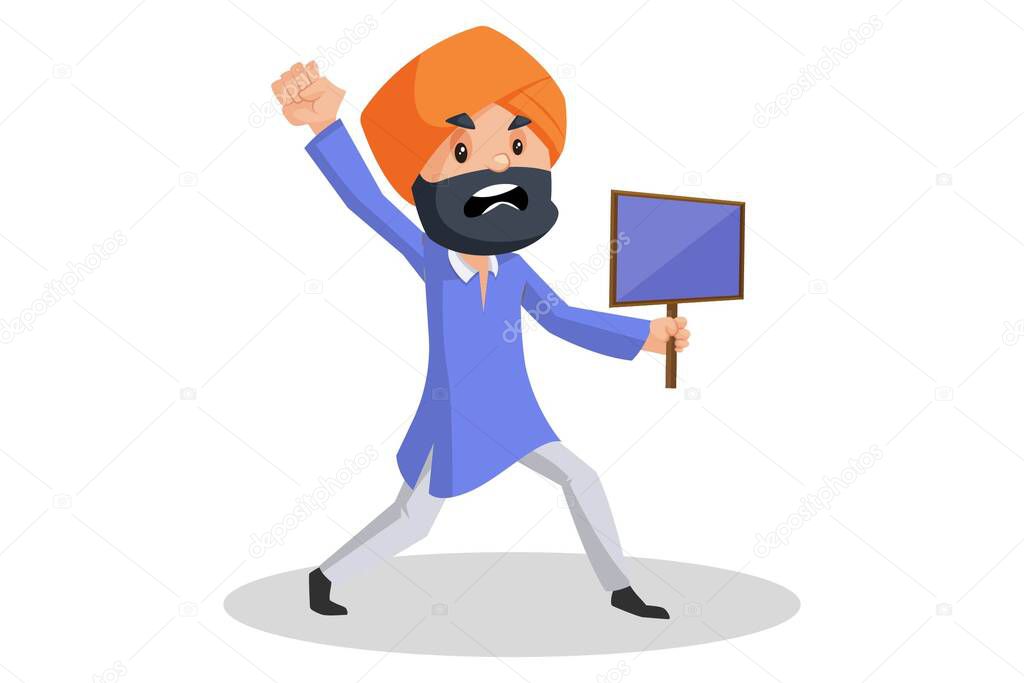 Punjabi man is angry and holding sign board in hand. Vector graphic illustration. Individually on a white background.
