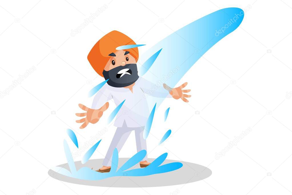 Punjabi man is wetting in the water. Vector graphic illustration. Individually on a white background.