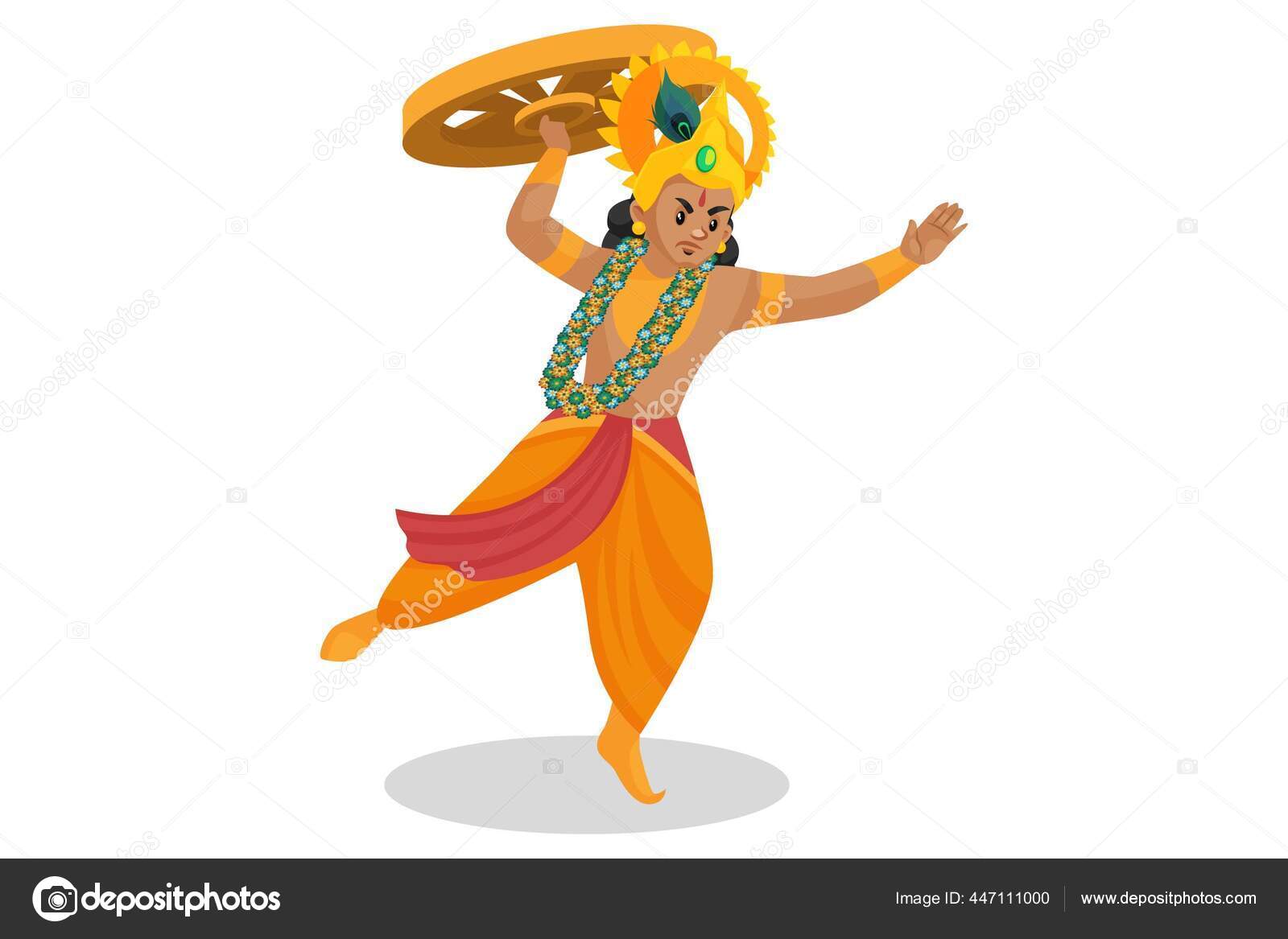 Vector Graphic Illustration Lord Krishna Holding Wheel Hand Attacking