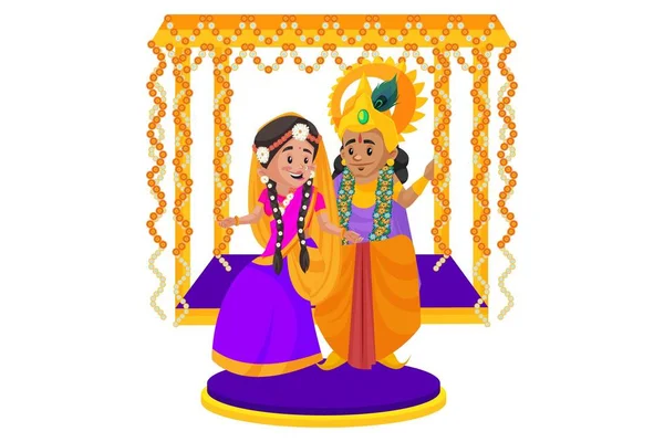 Vector Graphic Illustration Lord Krishna Sitting Radha Swing Individually White — Stock Vector