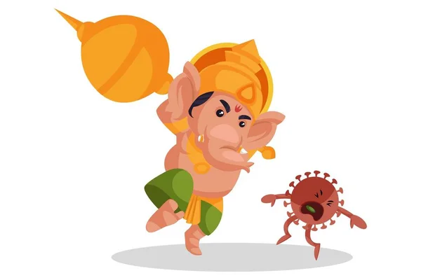 Ilustração Gráfica Vetorial Lorde Ganesha Está Atacar Coronavírus Com Maça —  Vetores de Stock