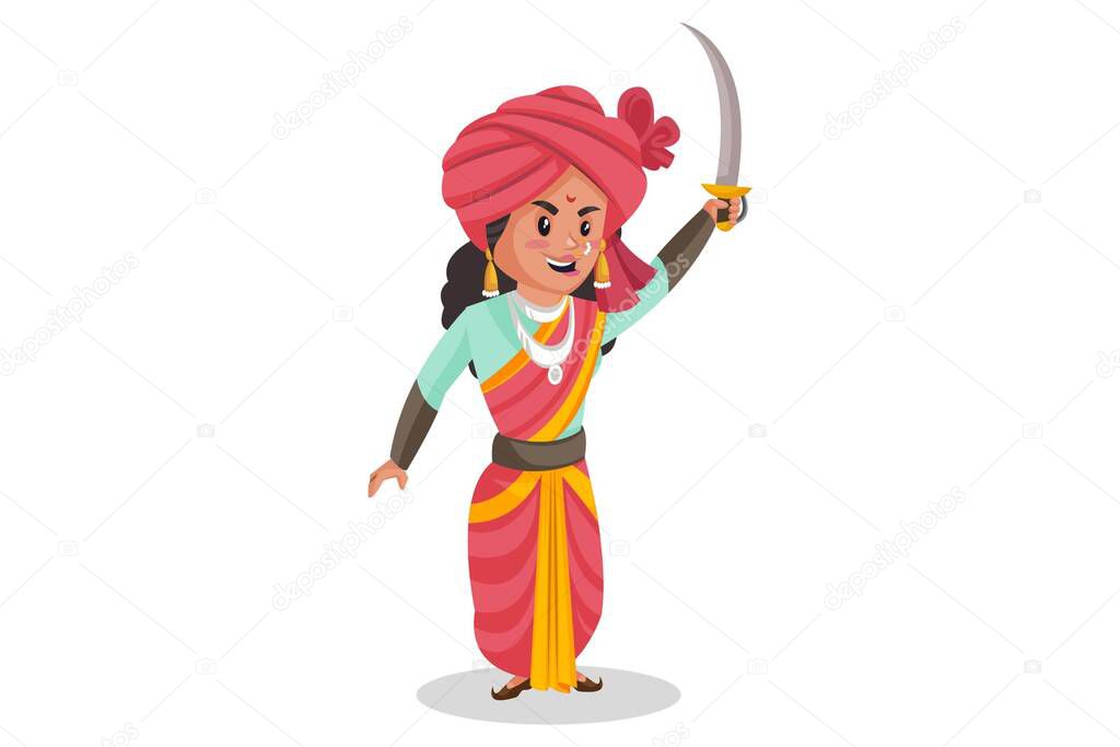 Rani Lakshmibai is holding a sword in hand and going for the war. Vector graphic illustration. Individually on a white background.