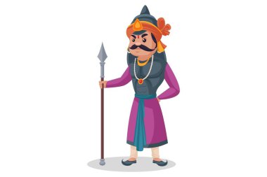 Maharana Pratap bir elinde mızrak, diğer elinde bel. Vektör grafik çizimi. Beyaz arka planda tek başına.
