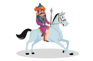 Maharana Pratap mızrağı elinde ve ata biniyor. Vektör grafik çizimi. Beyaz arka planda tek başına.