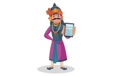 Maharana Pratap bir cep telefonu gösteriyor. Vektör grafik çizimi. Beyaz arka planda tek başına.