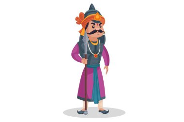 Maharana Pratap elinde mızrakla ayakta duruyor. Vektör grafik çizimi. Beyaz arka planda tek başına.