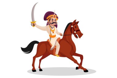 Prithviraj Chauhan at sırtında oturuyor ve savaşa gidiyor. Vektör grafik çizimi. Beyaz arka planda tek başına.