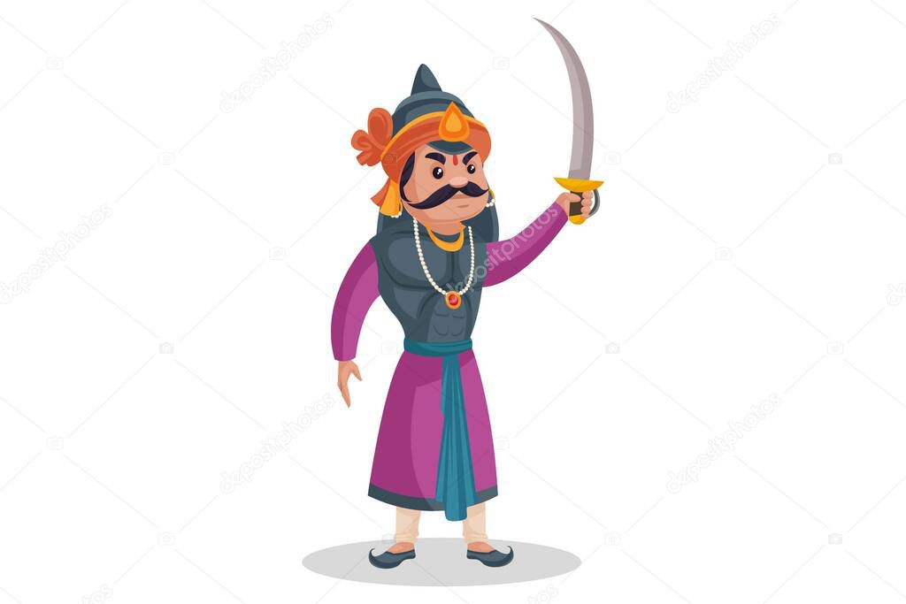 Maharana Pratap is raising his sword up in the sky. Vector graphic illustration. Individually on a white background.