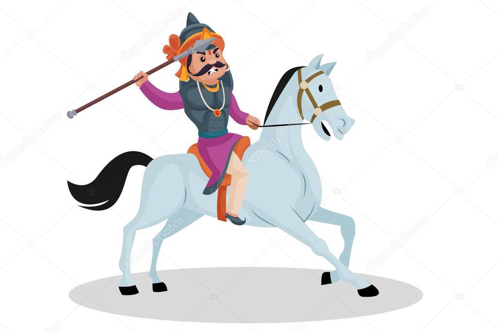 Maharana Pratap is riding on horse and throwing a spear. Vector graphic illustration. Individually on a white background.