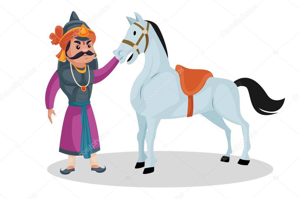 Maharana Pratap is taking care of his horse. Vector graphic illustration. Individually on a white background.