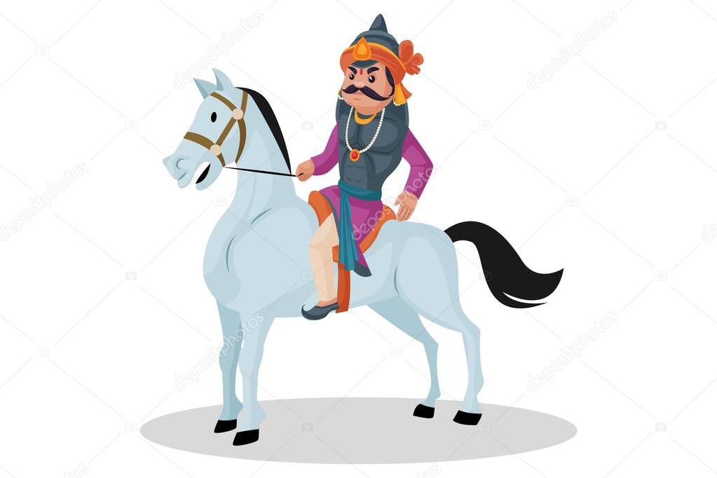 Maharana Pratap is riding horse. Vector graphic illustration. Individually on a white background.