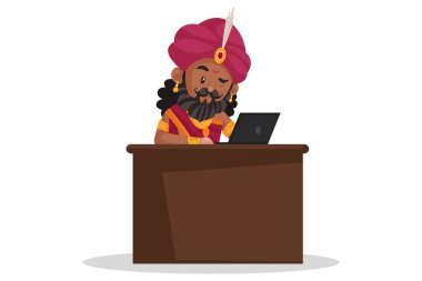 Shakuni bir dizüstü bilgisayar üzerinde çalışıyor. Vektör grafik çizimi. Beyaz arka planda tek başına.