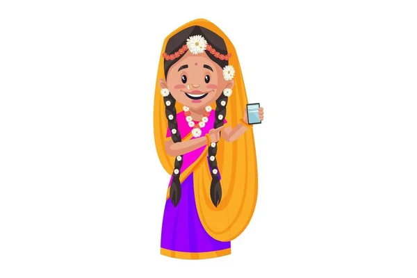 Goddess Radha Showing Mobile Phone Vector Graphic Illustration Individually White — Stock Vector