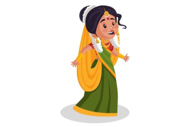 Anne Yashoda mutlu ve dans ediyor. Vektör grafik çizimi. Beyaz arka planda tek başına.