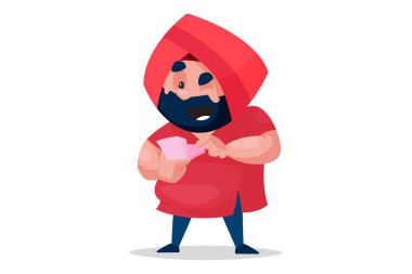 Punjab 'lı esnaf para sayıyor. Tek tek beyaz arka planda. Vektör grafik illüstrasyonu.