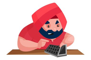 Punjab 'lı esnaf hesap makinesi üzerinde çalışıyor. Vektör grafik çizimi. Beyaz arka planda tek başına.