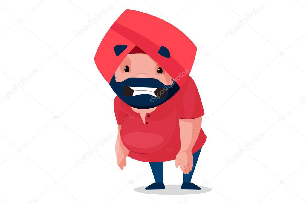 Punjabi shopkeeper is feeling tired. Vector graphic illustration. Individually on a white background.