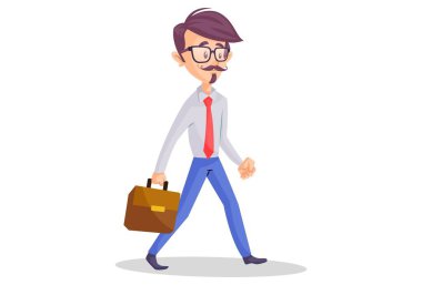 İş adamı evrak çantasını tutuyor ve ofise gidiyor. Vektör grafik çizimi. Beyaz arka planda tek başına.