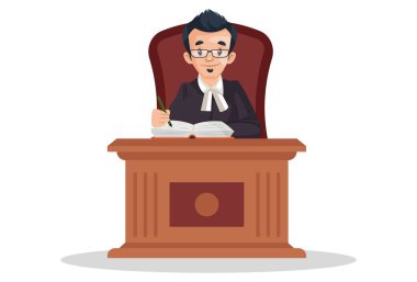 Yargıç sandalyeye oturuyor ve bir deftere yazıyor. Vektör grafik çizimi. Beyaz arka planda ayrı ayrı.