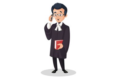 Yargıç cep telefonuyla konuşuyor ve kitabı elinde tutuyor. Vektör grafik çizimi. Beyaz arka planda tek başına.