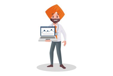Punjabi bankacısı dizüstü bilgisayar gösteriyor. Vektör grafik çizimi. Beyaz arka planda tek başına.