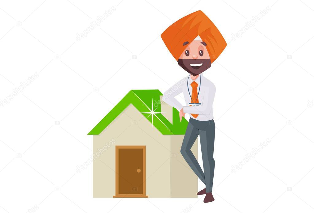 Punjabi banker is standing with home. Vector graphic illustration. Individually on a white background.