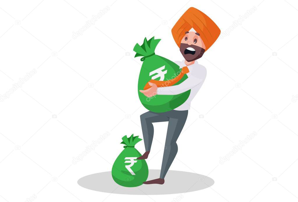 Punjabi banker is picking up a heavy money bag. Vector graphic illustration. Individually on a white background.