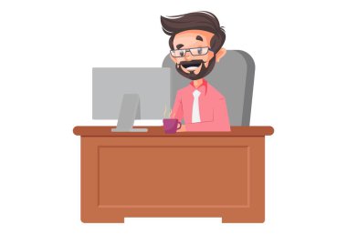 İşadamı ofiste bilgisayar üzerinde çalışıyor. Vektör grafik çizimi. Beyaz arka planda tek başına.