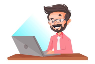 İşadamı dizüstü bilgisayarla çalışıyor. Vektör grafik çizimi. Beyaz arka planda tek başına.