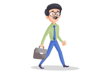 İş adamı elinde bir evrak çantası tutuyor ve ofise gidiyor. Vektör grafik çizimi. Beyaz arka planda tek başına.