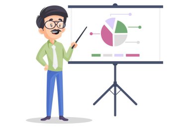 İş adamı grafik çizelgesinde raporunu gösteriyor. Vektör grafik çizimi. Beyaz arka planda tek başına.