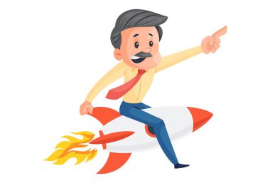 İşadamı roketin üstünde uçuyor. Vektör grafik çizimi. Beyaz arka planda tek başına.