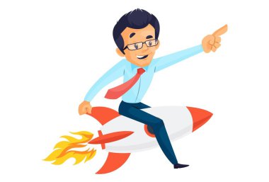 İşadamı roketin üstünde uçuyor. Vektör grafik çizimi. Beyaz arka planda tek başına.