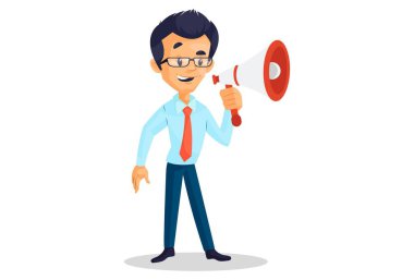 İş adamı elinde bir megafon tutuyor. Vektör grafik çizimi. Beyaz arka planda tek başına.