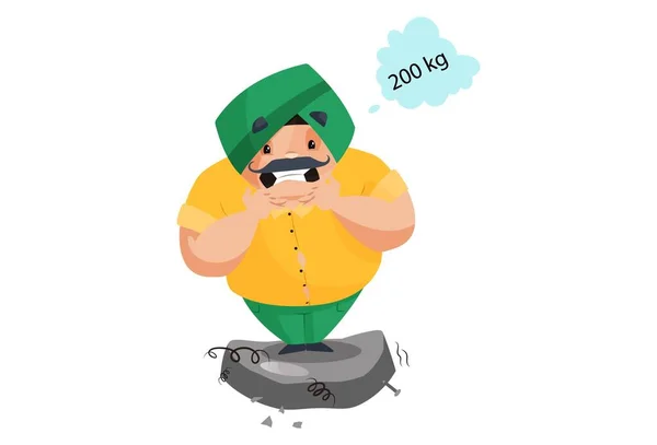 Punjabi Homme Est Debout Sur Machine Pesage Malheureux Avec Son — Image vectorielle