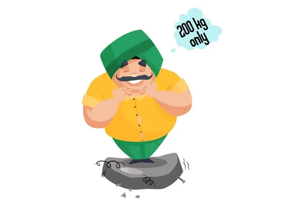 Punjabi Homme Est Debout Sur Machine Pesage Souriant Voir Son — Image vectorielle