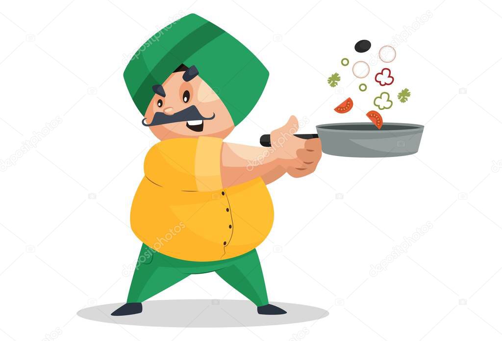 Punjabi man is cooking food in fry pan. Vector graphic illustration. Individually on a white background.